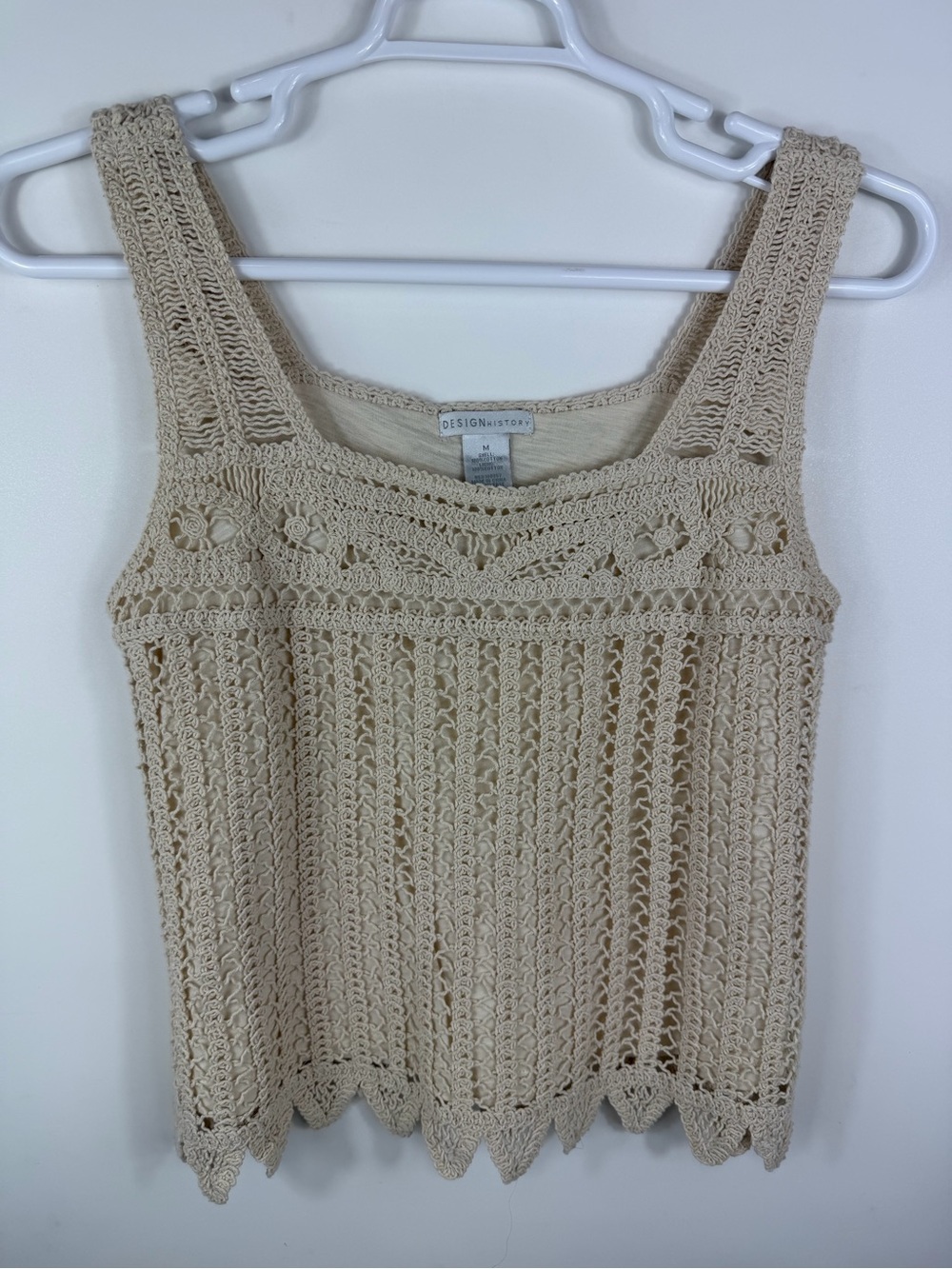 Design History Beige Crochet Tank with Scalloped Hem Lined Medium